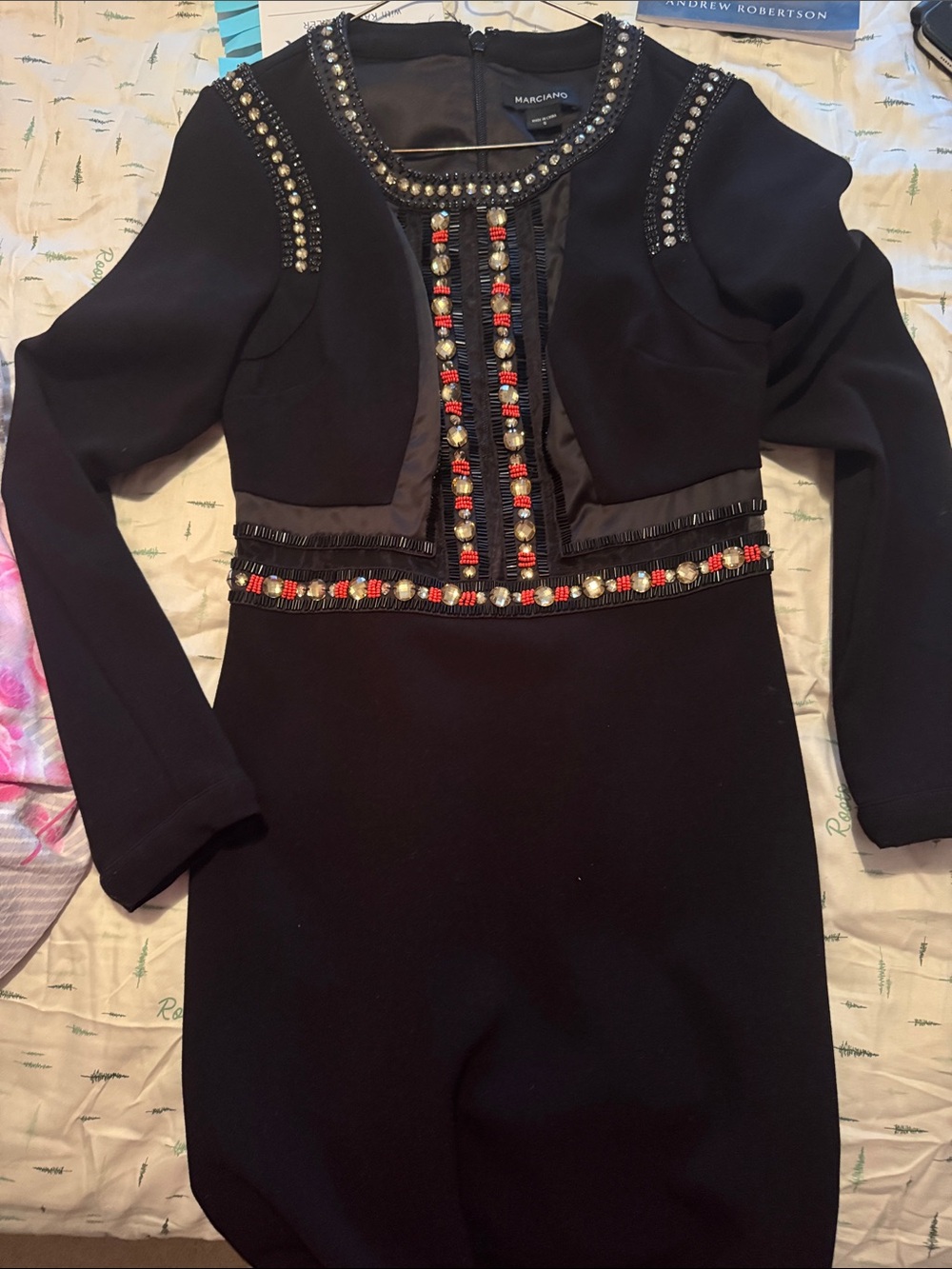 Marciano Black Long-Sleeve Dress with beading embellishments